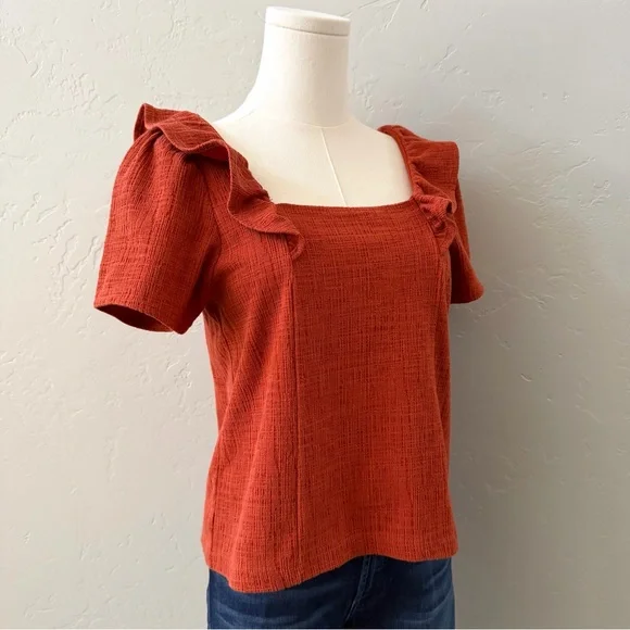 Madewell Ruffle Sleeve Top Rust Orange Square Neck Textured S - Picture 5 of 12